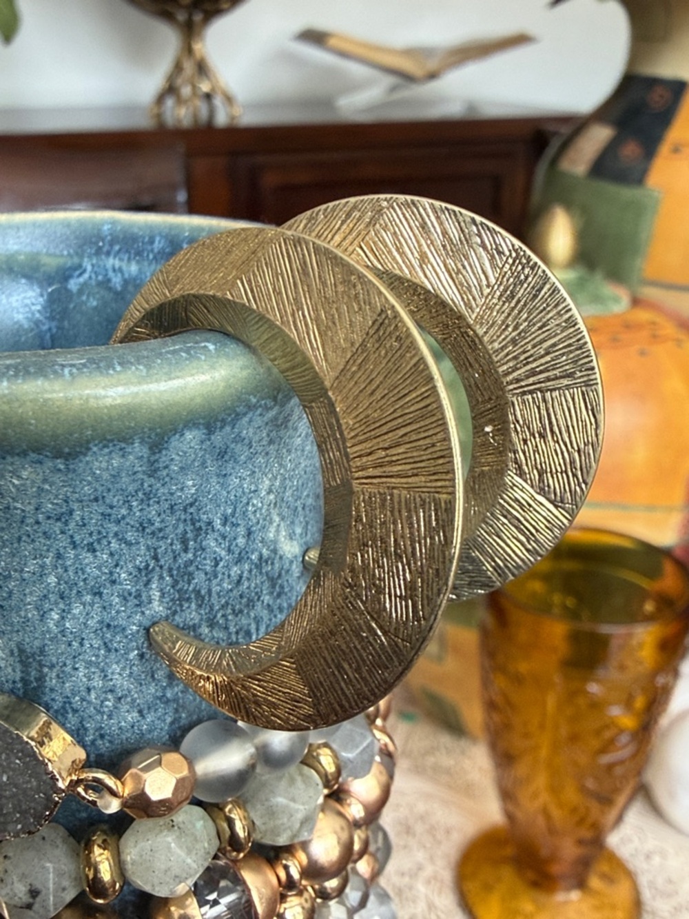 11PC Stacked Gray & Gold Beaded Bracelet and Earrings Set - Picture 2 of 9